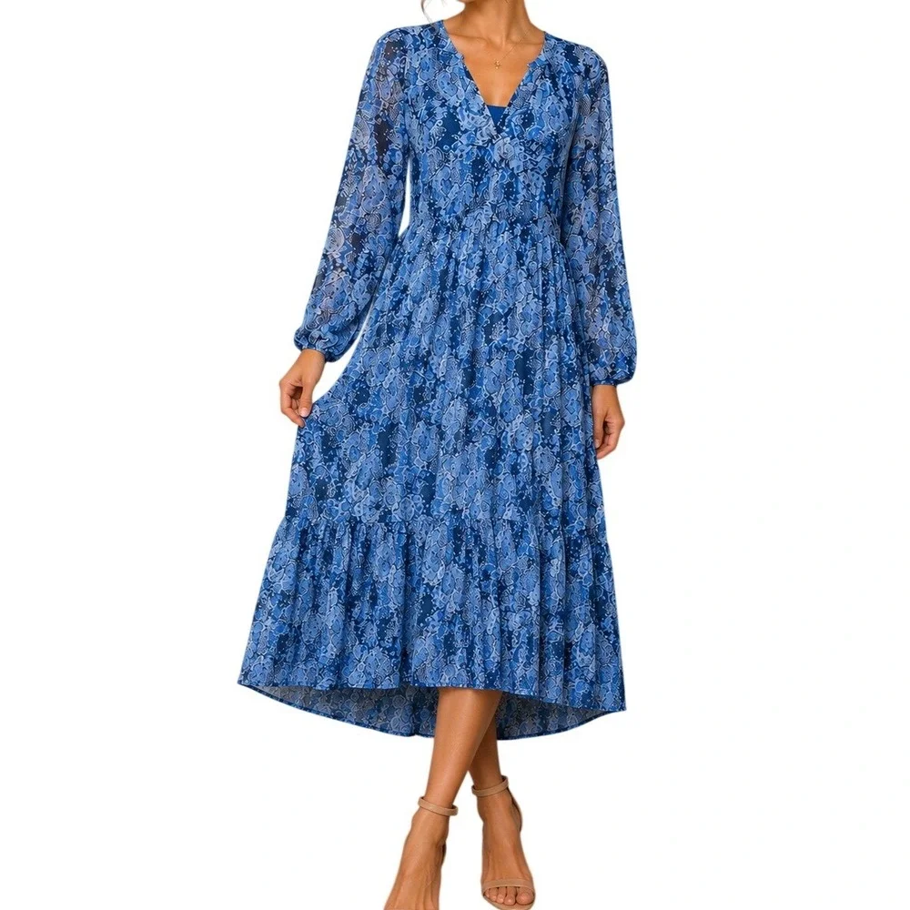 Joie Blue Women Midi XL Abstract Print Tiered Long Sleeve V-Neck High Low Dress